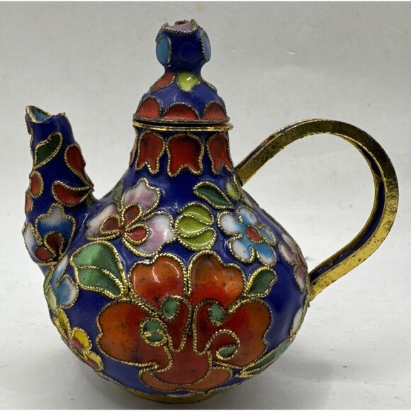2 Cloisonné Vtg. Miniature Tea Pot Pots With Pink Rose Red Flowers - Picture 2 of 7